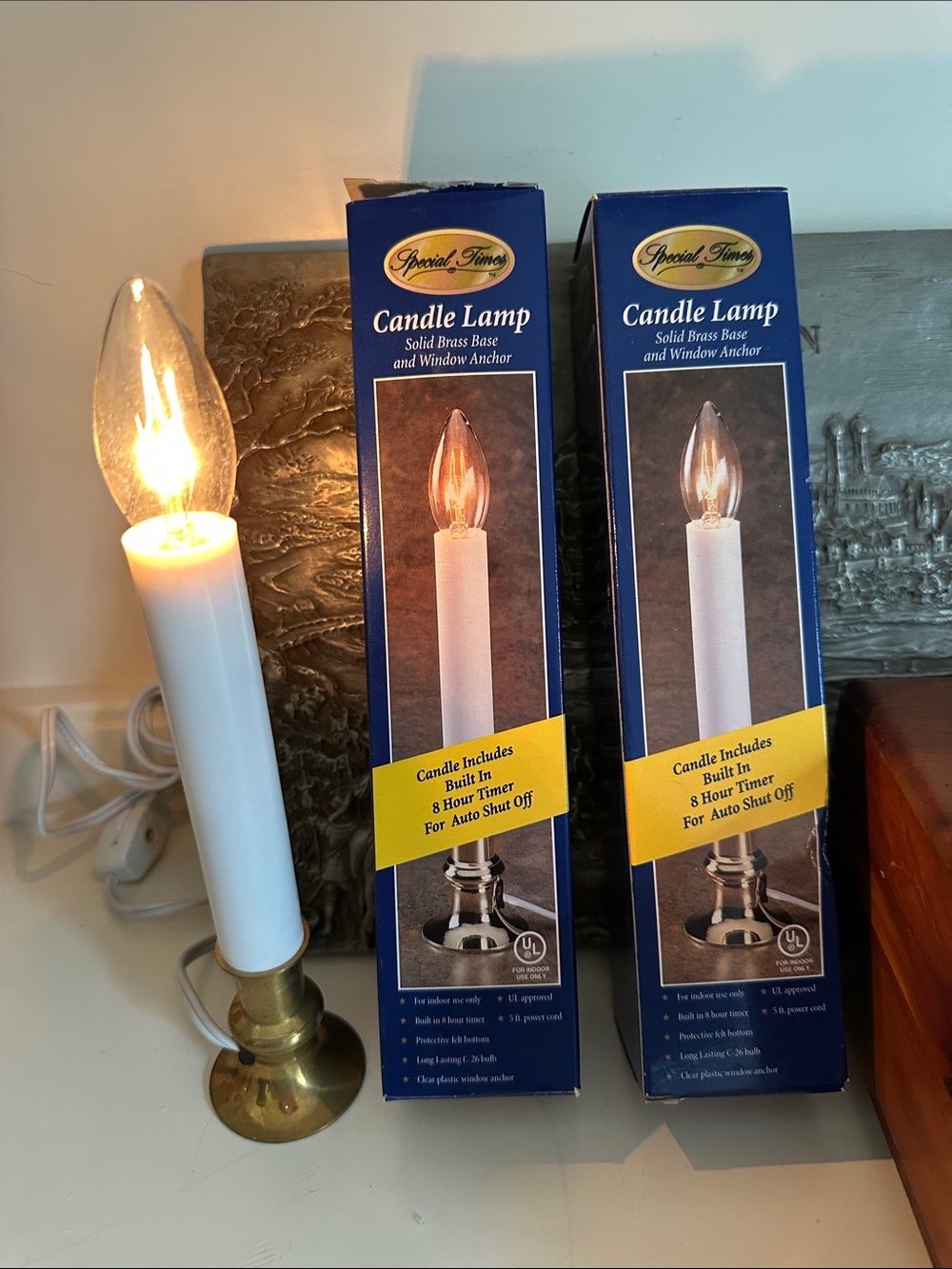 Two Candle Stick lamps w/brass base & 8 hour timer-NIB